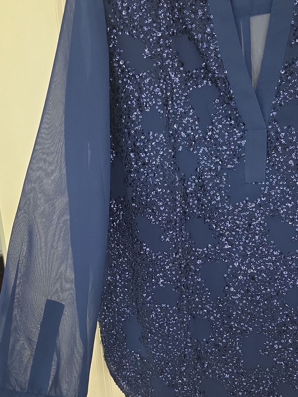 Beautiful Blue Beaded Top By Chicos. V Neck With Sheer Arms & Back, Front Lined. - Picture 4 of 11